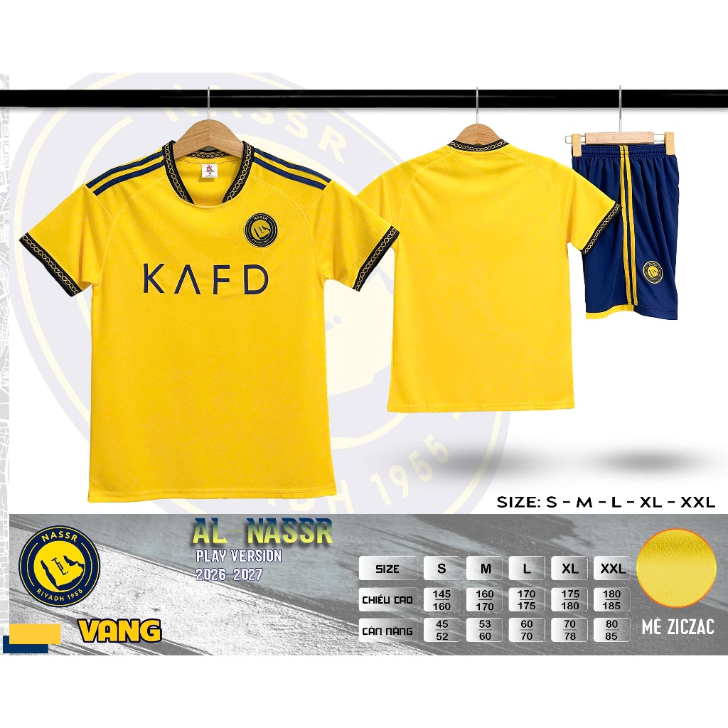 Bộ Quần Áo Bóng Đá Al Nassr Vàng Ronaldo Mới Nhất 2026 Vải Thun Mè Cực Đẹp Al-Nassr  A1