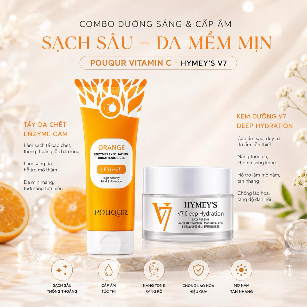 Combo Dưỡng Sáng & Cấp Ẩm - Gel Tẩy Tế Bào Chết POUQUR Orange & Kem Dưỡng Hymeys V7 Deep Hydration