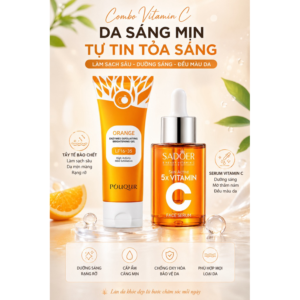 Combo Dưỡng Sáng Da Vitamin C Sadoer & Pouqur - Gel Tẩy Tế Bào Chết POUQUR Orange & Serum 5x Vitamin