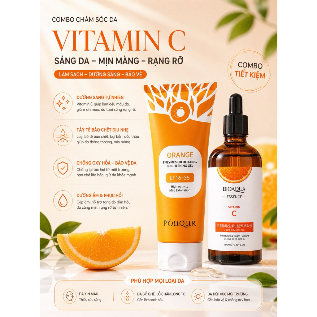 Combo Dưỡng Sáng Da Vitamin C Bioaqua & Pouqur - Gel Tẩy Tế Bào Chết POUQUR Orange & Serum Vitamin C