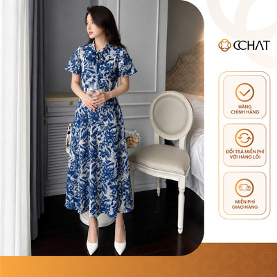 Đầm Nữ 𝐂𝐂𝐇𝐀𝐓 Dáng Xòe Họa Tiết Hoa Rose Thắt Nơ Chất Liệu Voan Mềm Mại 16VNV8027ST