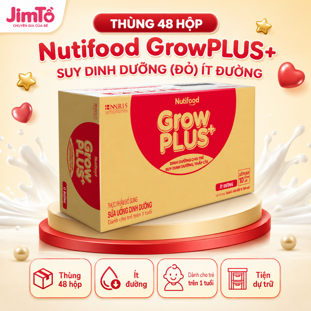 Thùng 48 hộp Nutifood GrowPLUS+ Suy Dinh Dưỡng (Đỏ) Ít đường 180ml