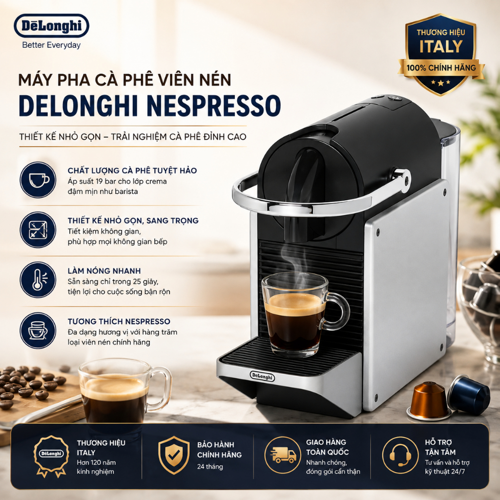 Máy Pha Cà Phê Viên Nén Delonghi Pixie Nespresso EN 127.S, Máy Pha Cafe Gia Đình, Văn Phòng, Nhập Eu