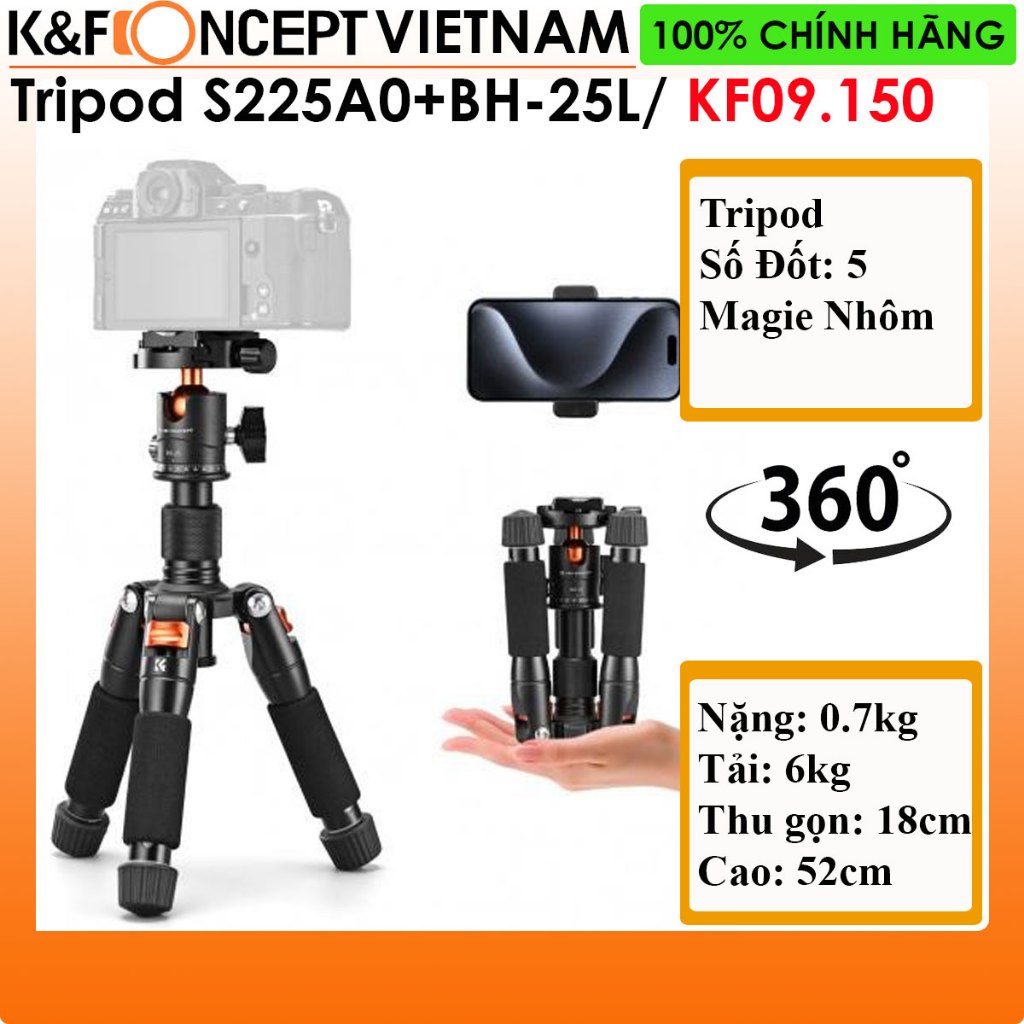 Chân máy mini để bàn K&F Concept S225A0+BH-25L (KF09.150)