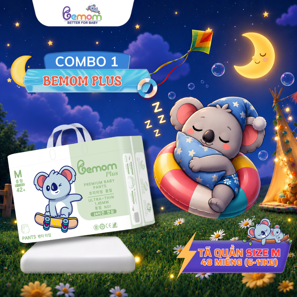 Tã/Bỉm QUẦN Bemom Plus, Bỉm đêm Hàn Quốc Đủ Size Cho Bé Size M 42 Miếng từ 6-11kg