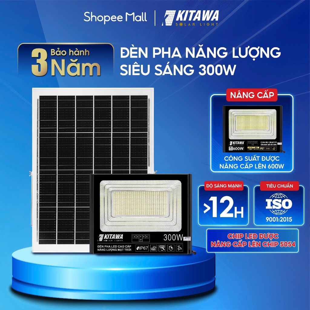 Đèn Pha Năng Lượng Mặt Trời Kitawa 300W; Bảo Hành 3 Năm; Chống Nước Ip67