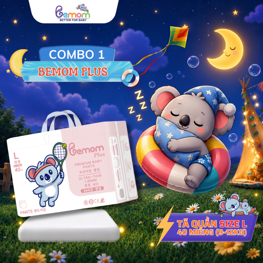 Tã/Bỉm QUẦN Bemom Plus, Bỉm đêm Hàn Quốc Đủ Size Cho Bé Size L 40 Miếng từ 9-12kg