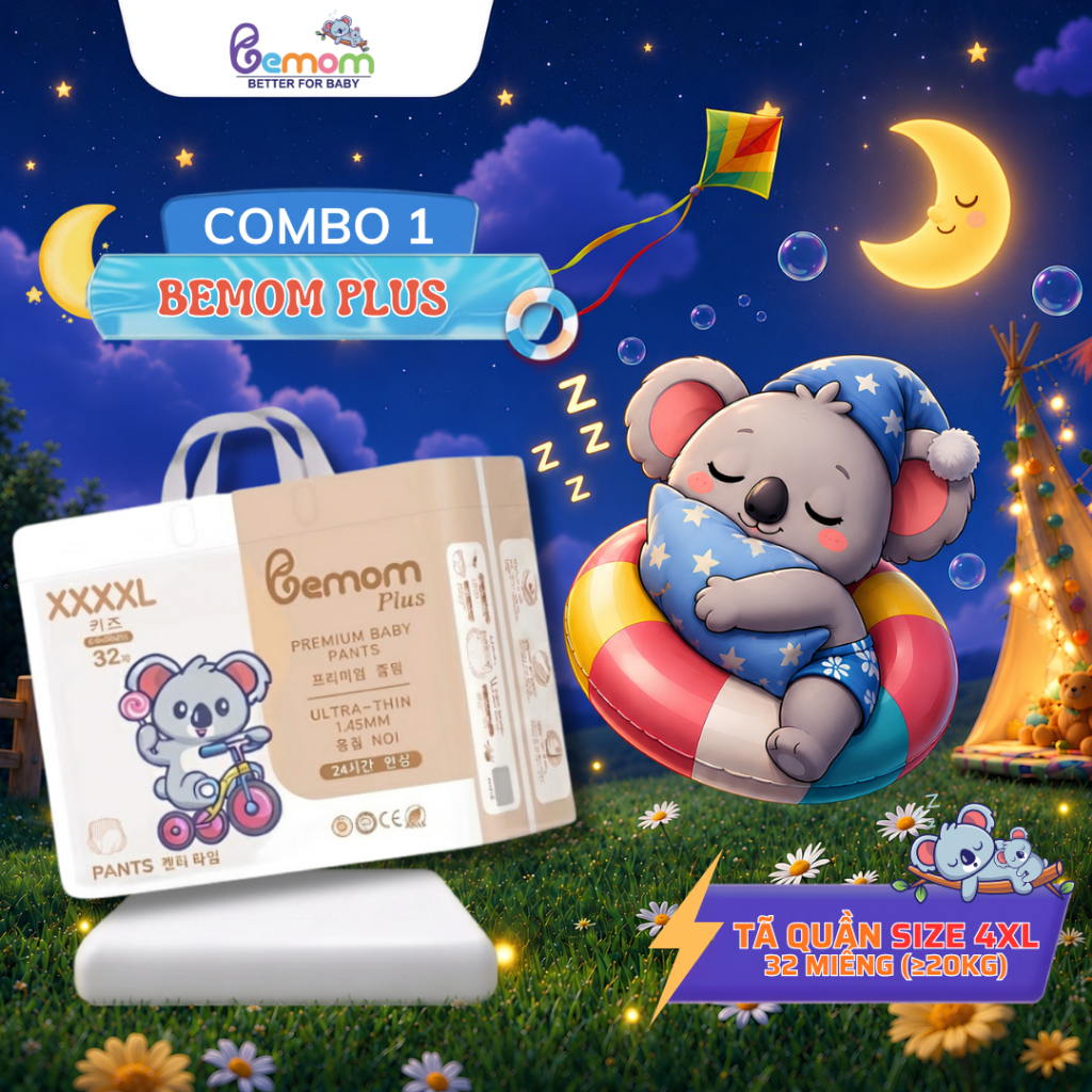 Tã/Bỉm QUẦN Bemom Plus, Bỉm đêm Hàn Quốc Đủ Size Cho Bé Size 4XL 32 Miếng từ ≥20kg