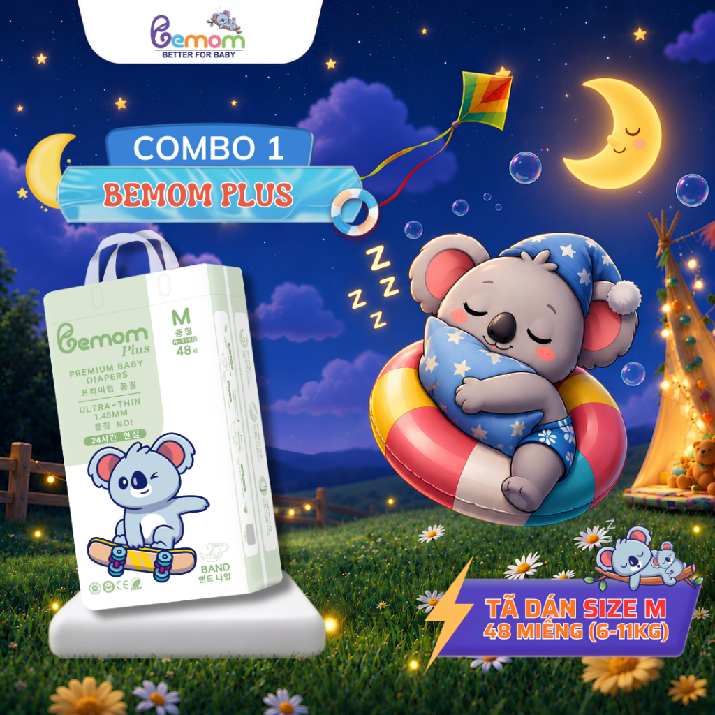 Tã/Bỉm DÁN Bemom Plus, Bỉm đêm Hàn Quốc Đủ Size Cho Bé Size M 48 Miếng từ 6-11kg