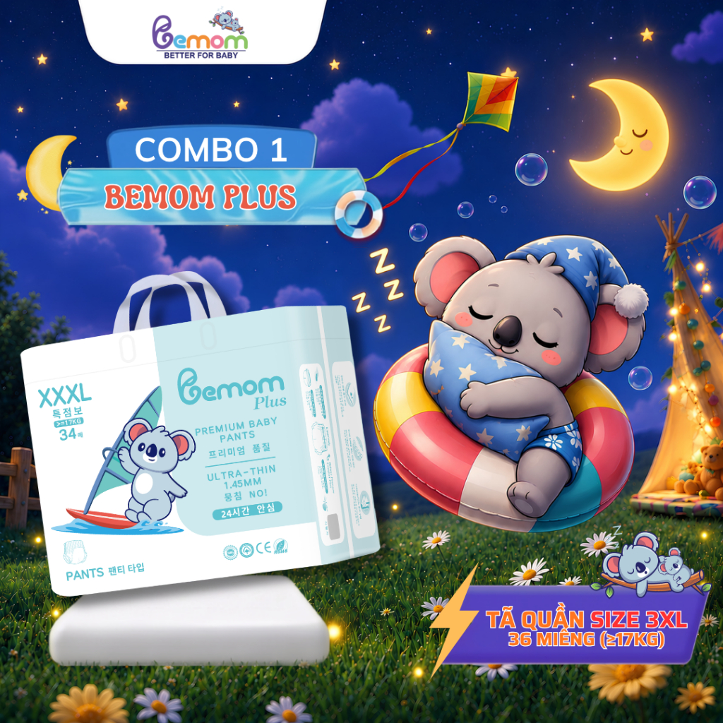 Tã/Bỉm QUẦN Bemom Plus, Bỉm đêm Hàn Quốc Đủ Size Cho Bé Size 3XL 34 Miếng từ ≥17kg