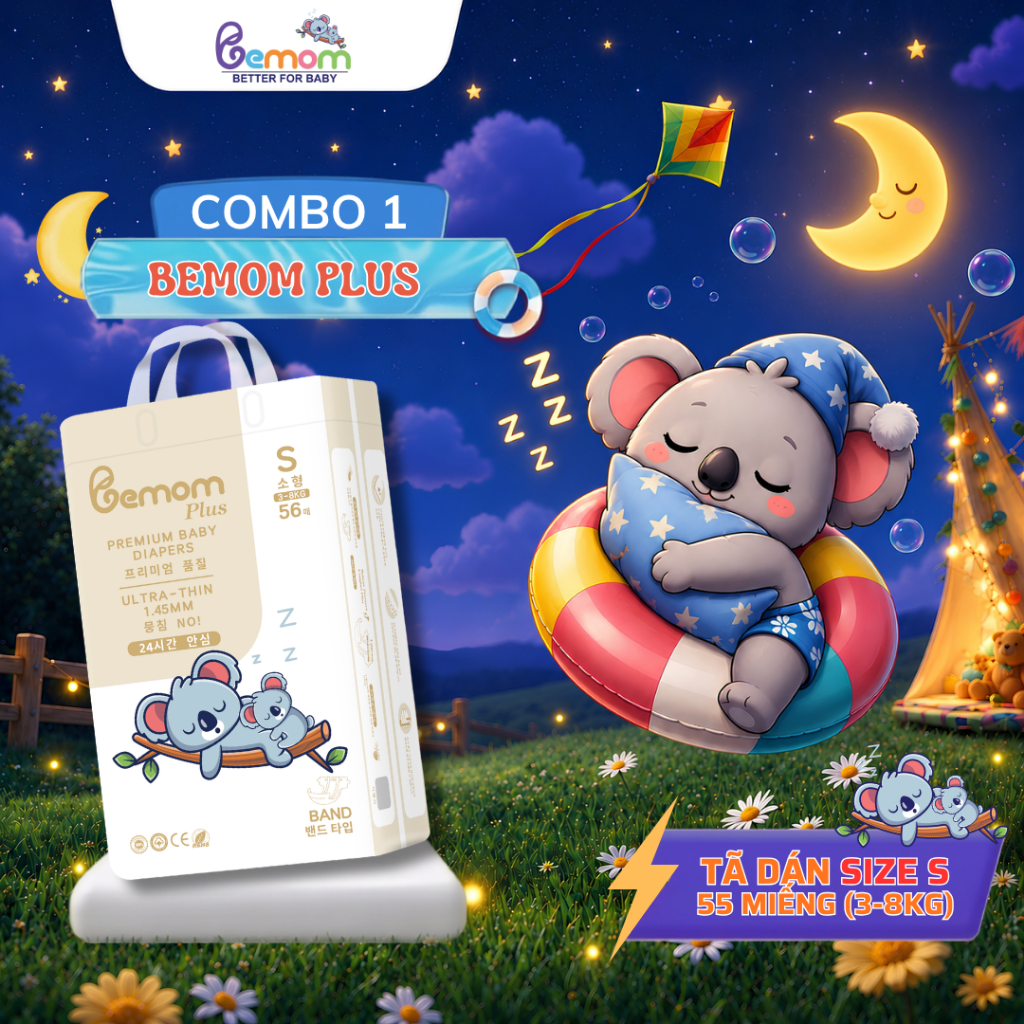 Tã/Bỉm DÁN Bemom Plus, Bỉm đêm Hàn Quốc Đủ Size Cho Bé Size S 56 Miếng từ 3-8kg