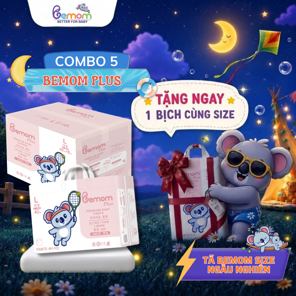 [MUA 5 TẶNG 1] Tã/Bỉm Bemom Plus, Bỉm đêm Hàn Quốc Đủ Size Cho Bé Từ NB đến 4XL