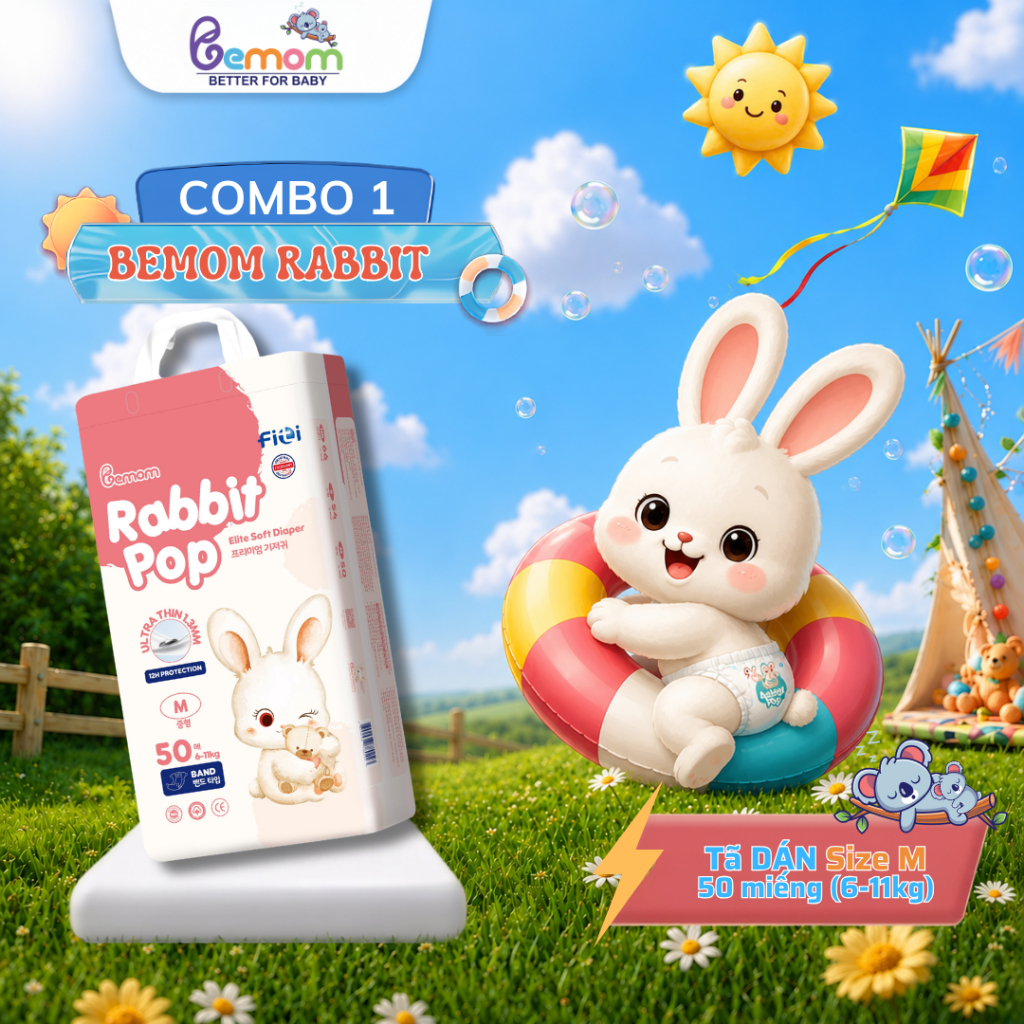 Tã/Bỉm DÁN Bemom Rabbit Pop Hàn Quốc, Bỉm Hè Siêu Mỏng, Thoáng Khí Size M 50 miếng cho bé từ 6-11kg