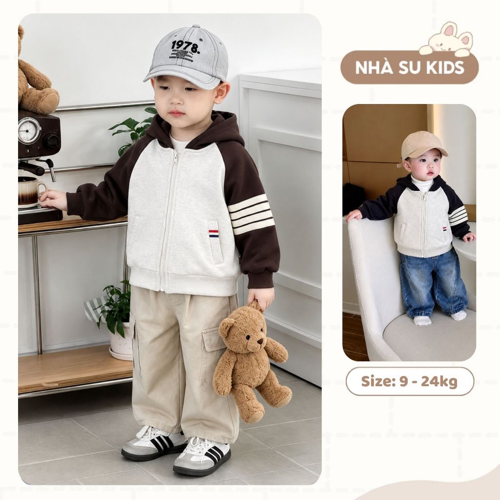 Áo khoác nỉ bé trai, Hoodie zip bé trai áo khoác nỉ bông mềm có mũ tay sọc kẻ ngang [9-24kg]