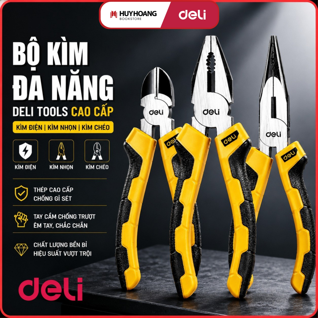 Bộ 3 Kìm Đa Năng Deli Thép CR-V Chống Gỉ- Kìm Cắt Dây Điện, Kìm Mũi Nhọn, Kìm Kẹp Cắt Thép, Tools