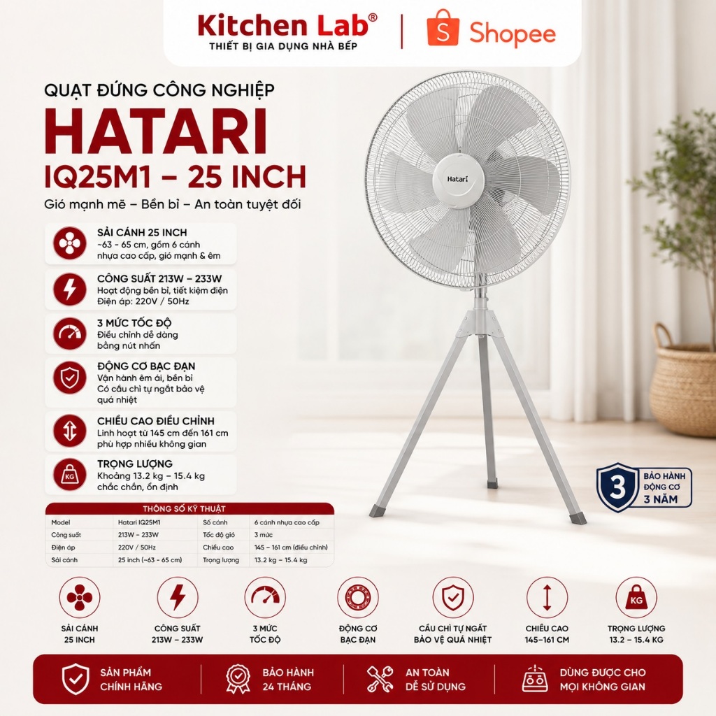 Quạt Đứng Hatari IQ25M1 Công Suất Lớn, Làm Mát Quán Ăn, Nhà Hàng, Xưởng Sản Xuất, Chính Hãng Thái La