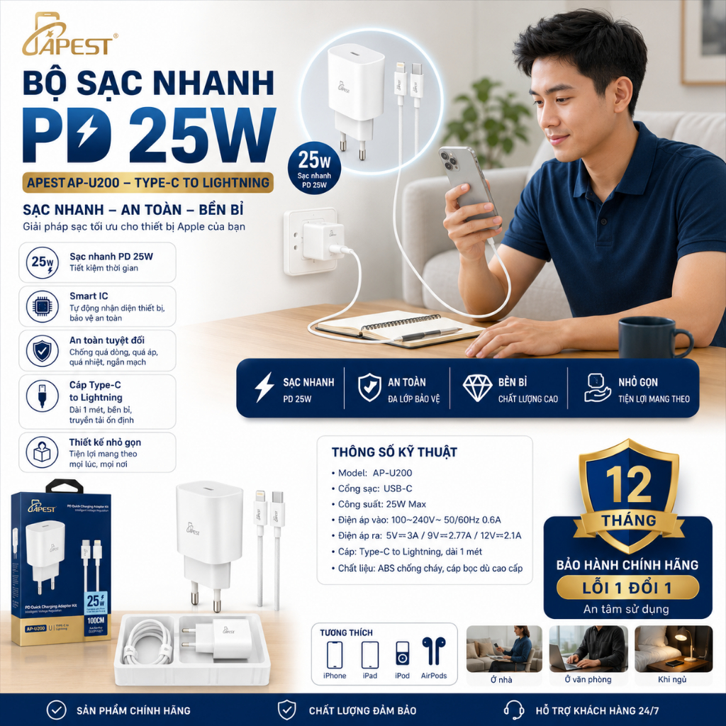 Bộ Sạc Nhanh 25W PD APEST AP-U200 Type-C to Lightning AP-U200, Smart IC, Kèm Cáp 1M, Bảo Hành 12 Thá
