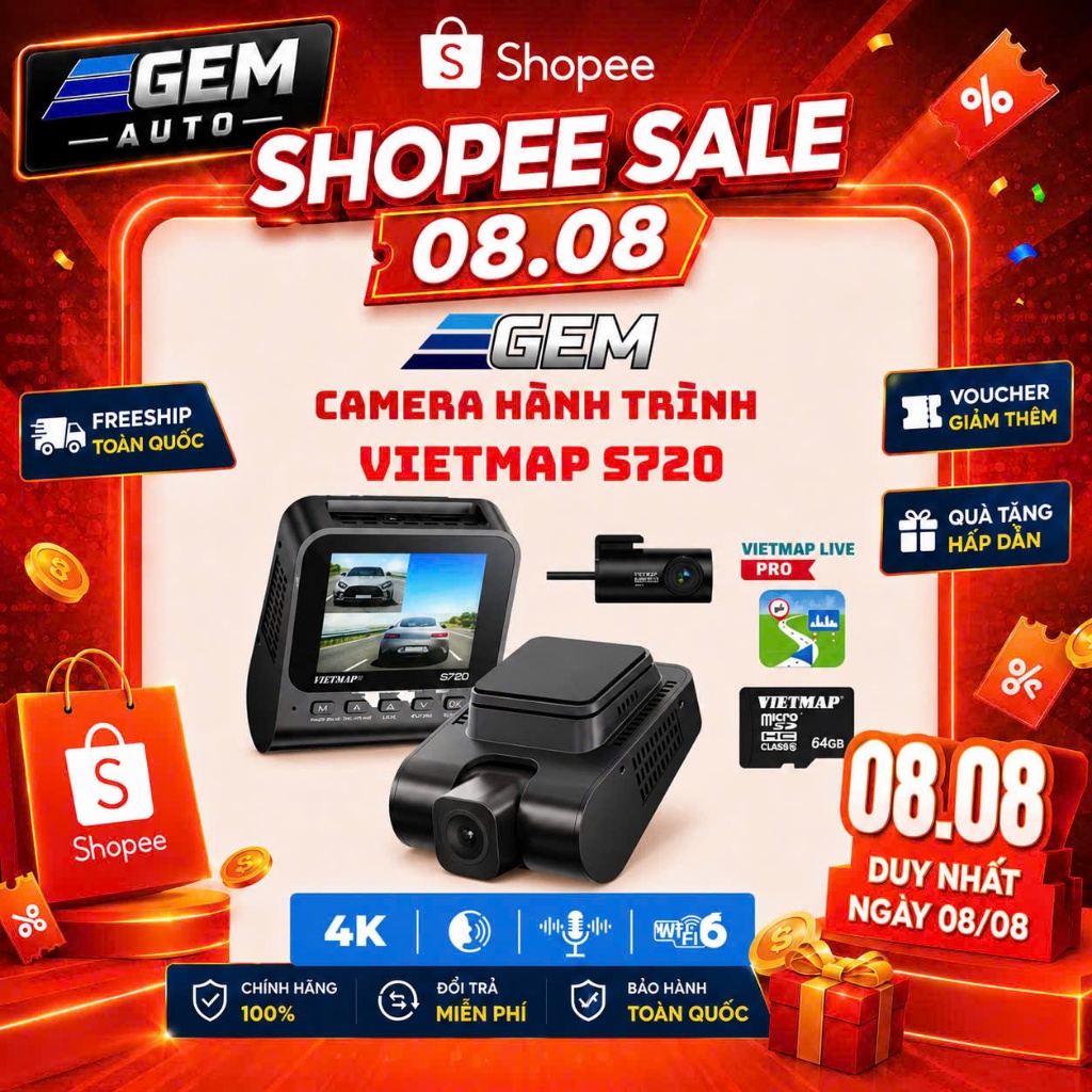Camera hành trình Vietmap S720 Cam Trước 4K + Sau Full HD Kèm 64GB và Vietmap Live Pro - Hàng chính 