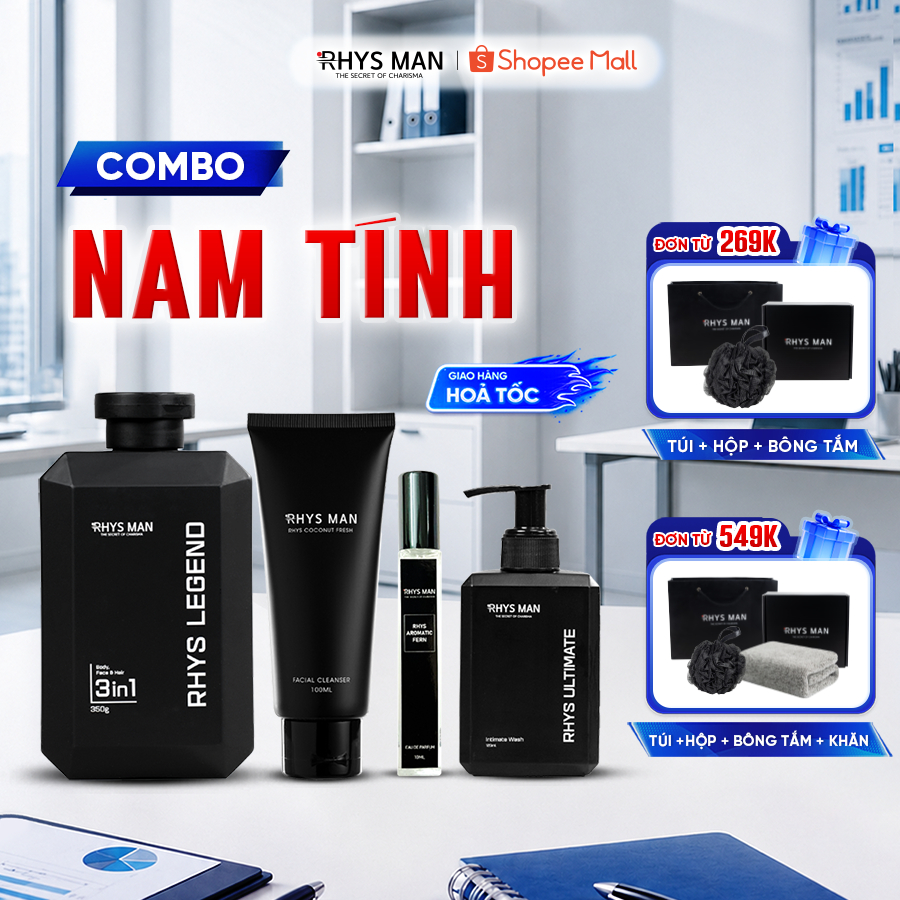 Combo Sữa tắm gội nam 3in1 & Sữa rửa mặt nam 100ml & Dung dịch vệ sinh 100ml & Nước hoa nam RHYS MAN