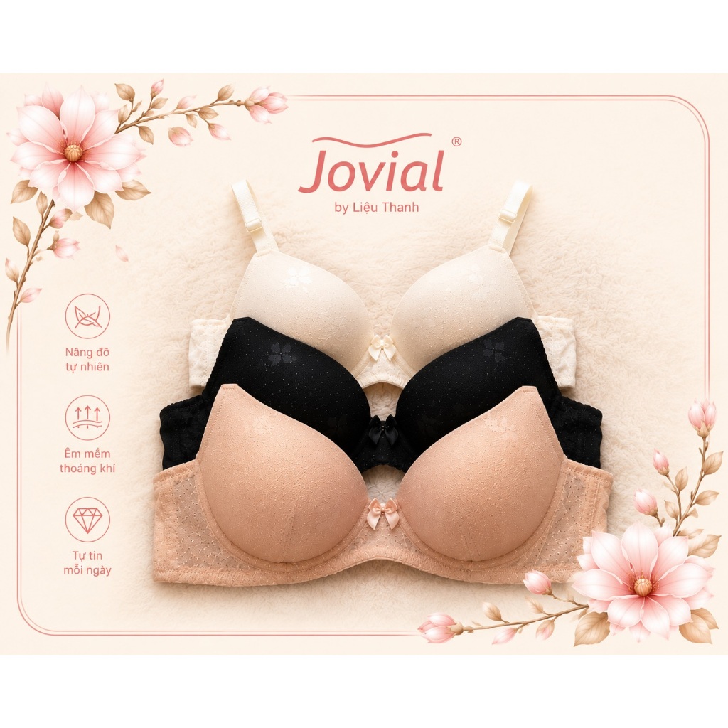 Jovial Áo Ngực Mút Đúc Mỏng Phối Ren Cao Cấp, Gọng Mềm Nâng Nhẹ - DRX09, Màu Trắng Kem, Màu Da