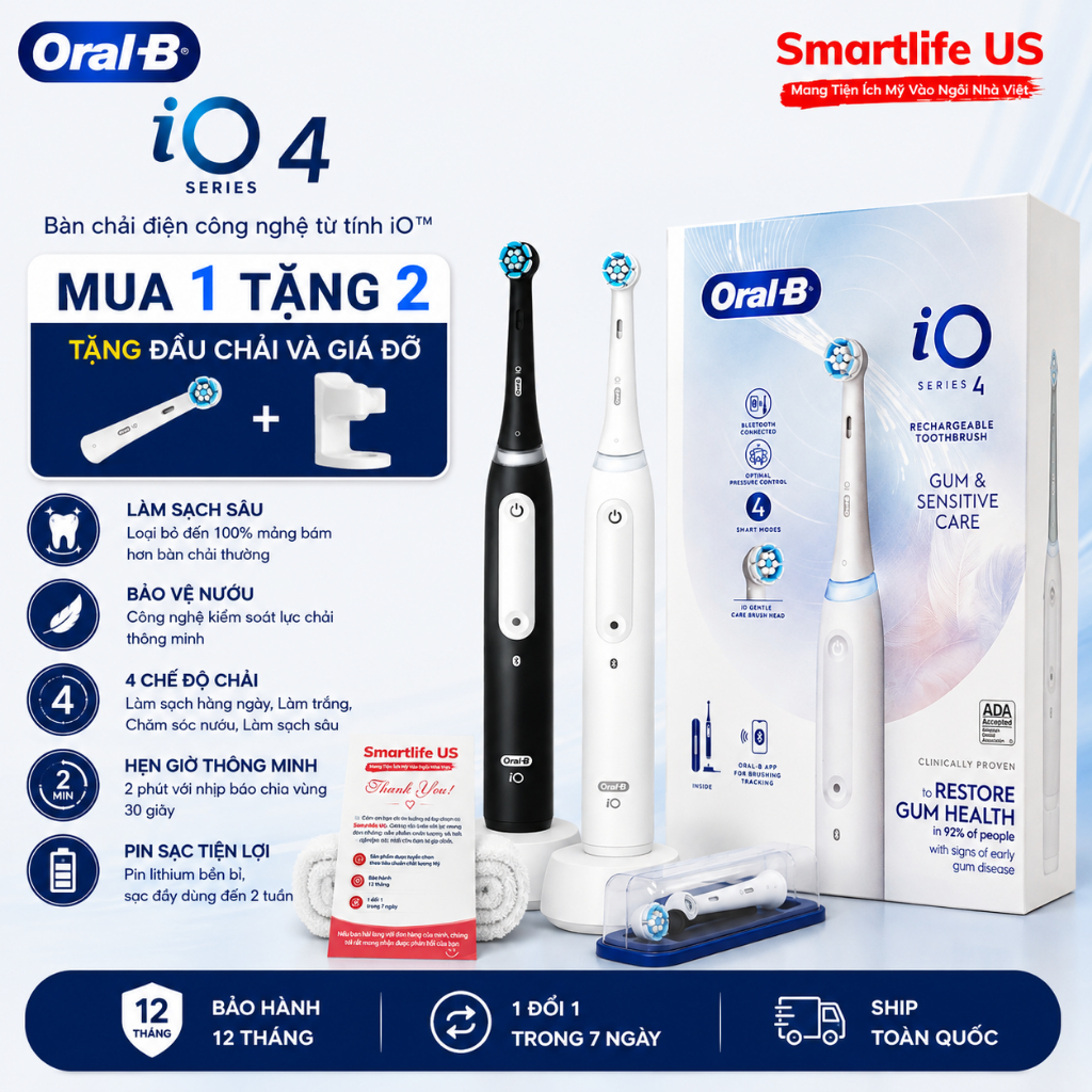 [Tặng 01 Đầu Chải & Giá Đỡ] Bàn Chải Điện Oral-B iO4 Gum & Sensitive Care | 4 Chế Độ | Bluetooth | K