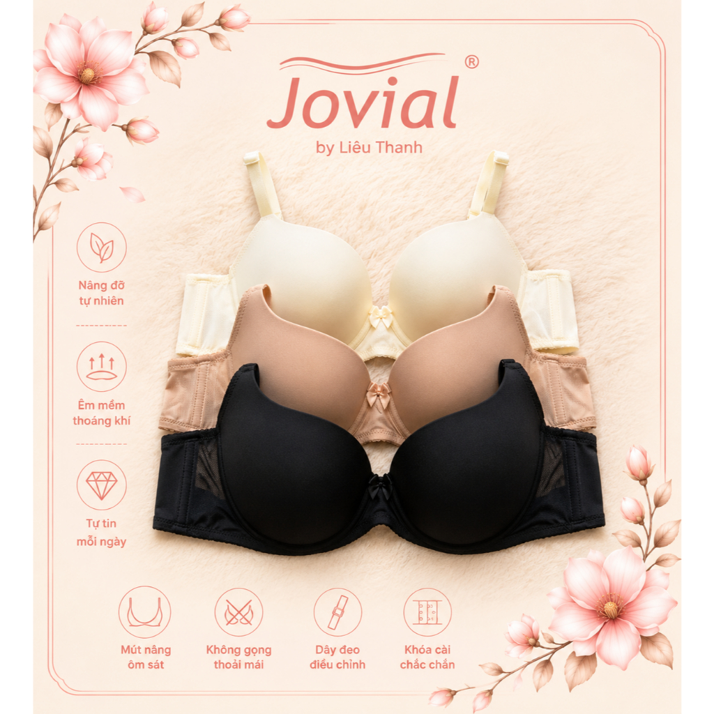 Jovial Áo Ngực Mút Đúc Gọng Mềm Trơn Cao Cấp, Nâng Đỡ,Không Lộ Viền-DRX25 Màu Trắng Kem,Da,Đen