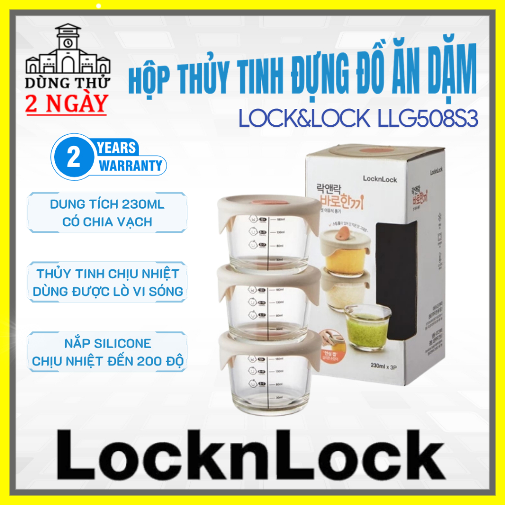 Bộ 3 hộp thủy tinh đựng đồ ăn dặm LocknLock LLG508S3, sử dụng được cho lò vi sóng