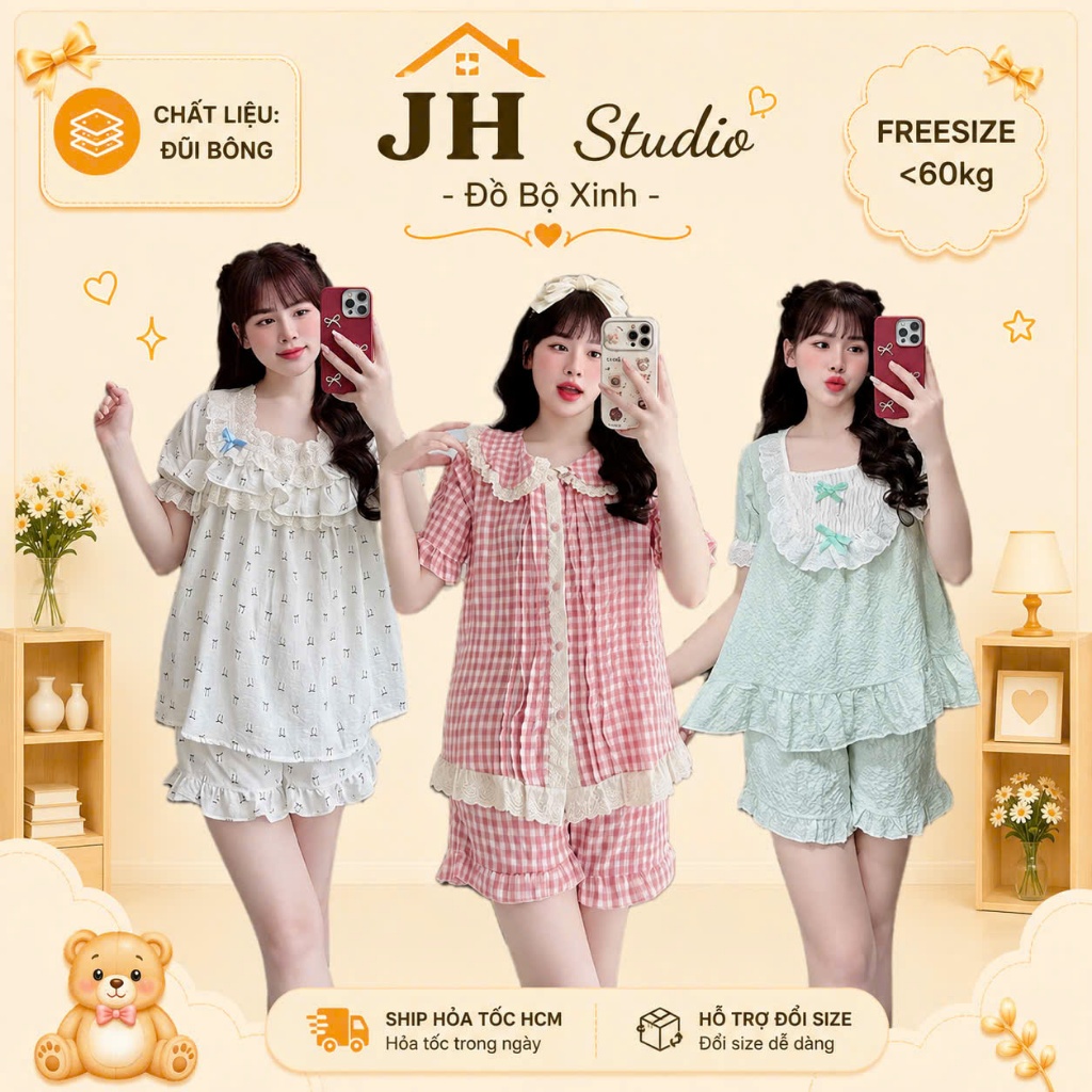 Đồ Bộ Freesize 40-60kg, Pijama Nữ Mặc Nhà Cộc Đùi Chất Liệu Xốp Mềm Thoải Mái Jerry Home