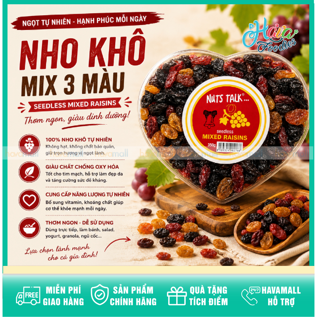 Nho Khô Mix 3 Màu Không Hạt Nuts Talk Hộp Trái Tim 350g – Nuts Talk Seedless Mixed Raisins Heart Box