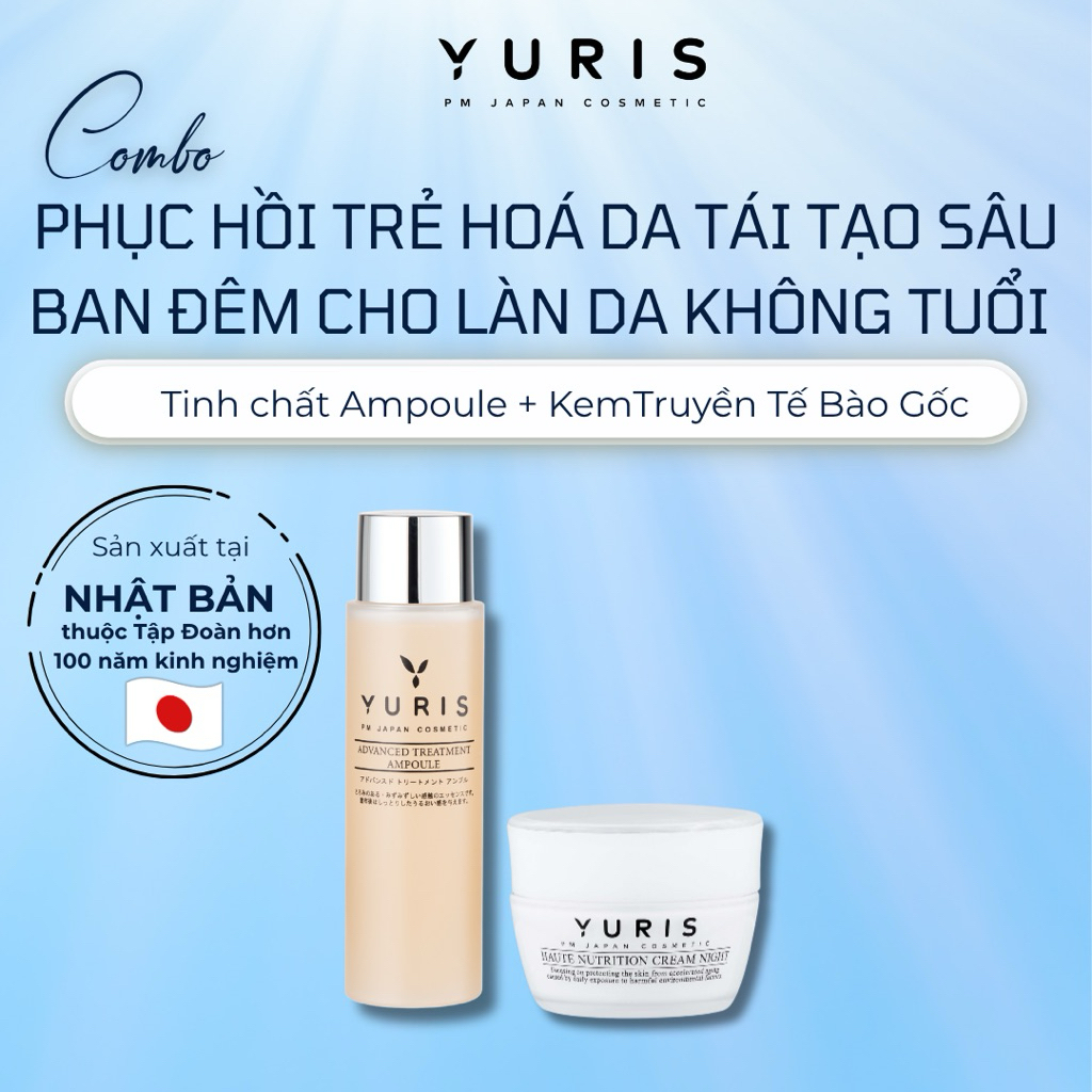 Combo Skincare Phục Hồi Da Ban Đêm Yuris, Serum Ampoule 140ml + Kem Dưỡng Truyền Tế Bào Gốc 30g Căng