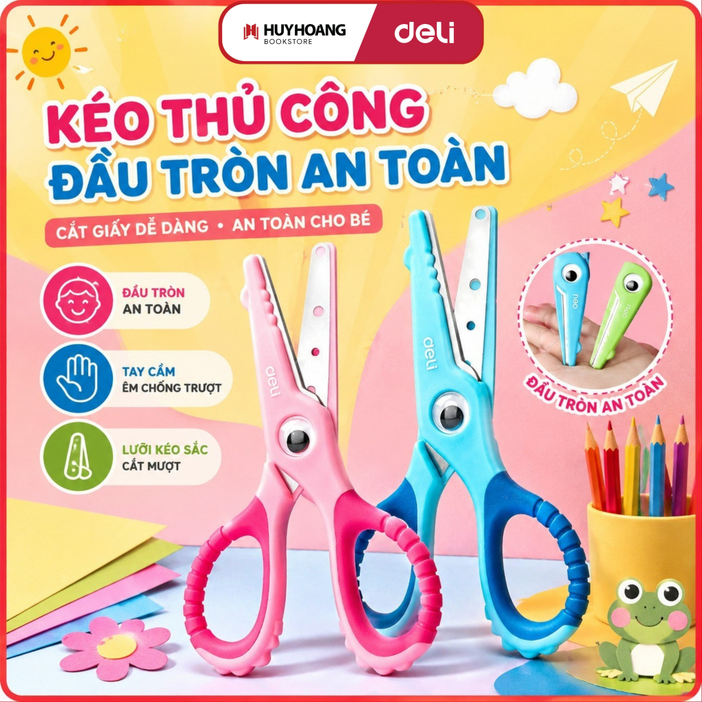 Kéo Thủ Công Cắt Giấy Deli - Kéo Đầu Tròn An Toàn, Dễ Sử Dụng Đối Với Trẻ Nhỏ, Hình Ngộ Nghĩnh Nhiều