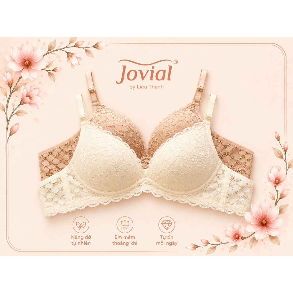 Jovial Áo Ngực Ren Cao Cấp Mút Mỏng Gọng Nhẹ Mặc Hằng Ngày - D36, Màu Trắng Kem, Màu Da