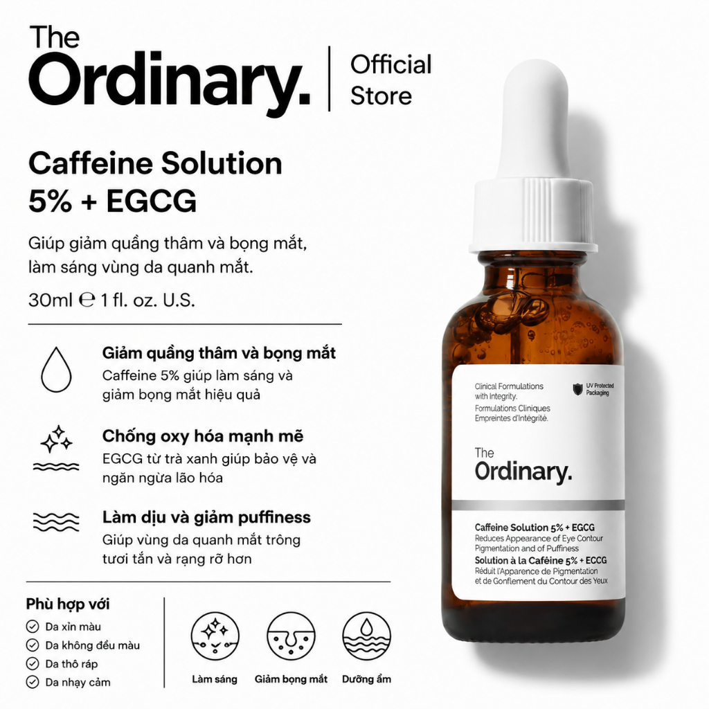 [The Ordinary Official] Caffeine Solution 5% + EGCG 30ML | Giảm quầng thâm, bọng mắt, làm sáng vùng 