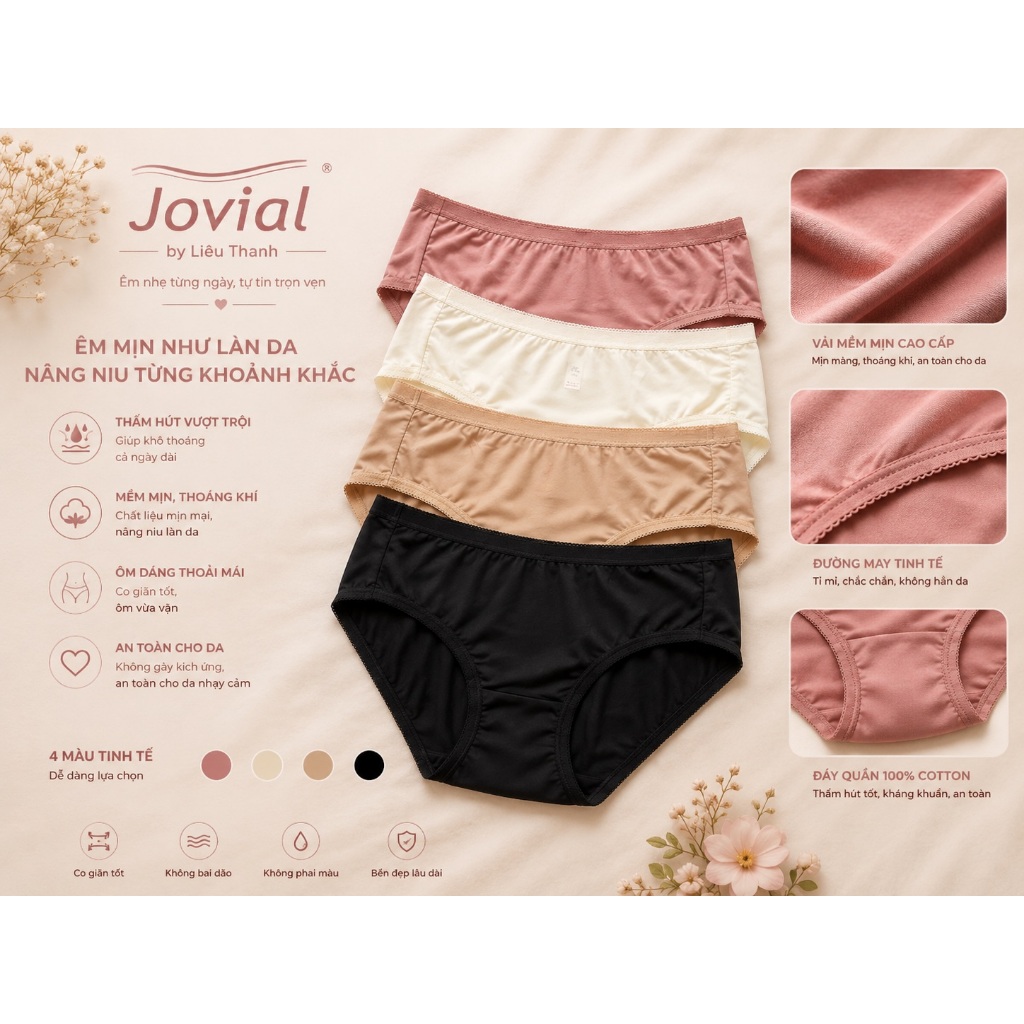 Jovial Quần Lót Nữ Thun Lạnh Mềm Mịn Co Giãn 4 Chiều Thoáng Khí - J017, Màu Kem,Da,Đen