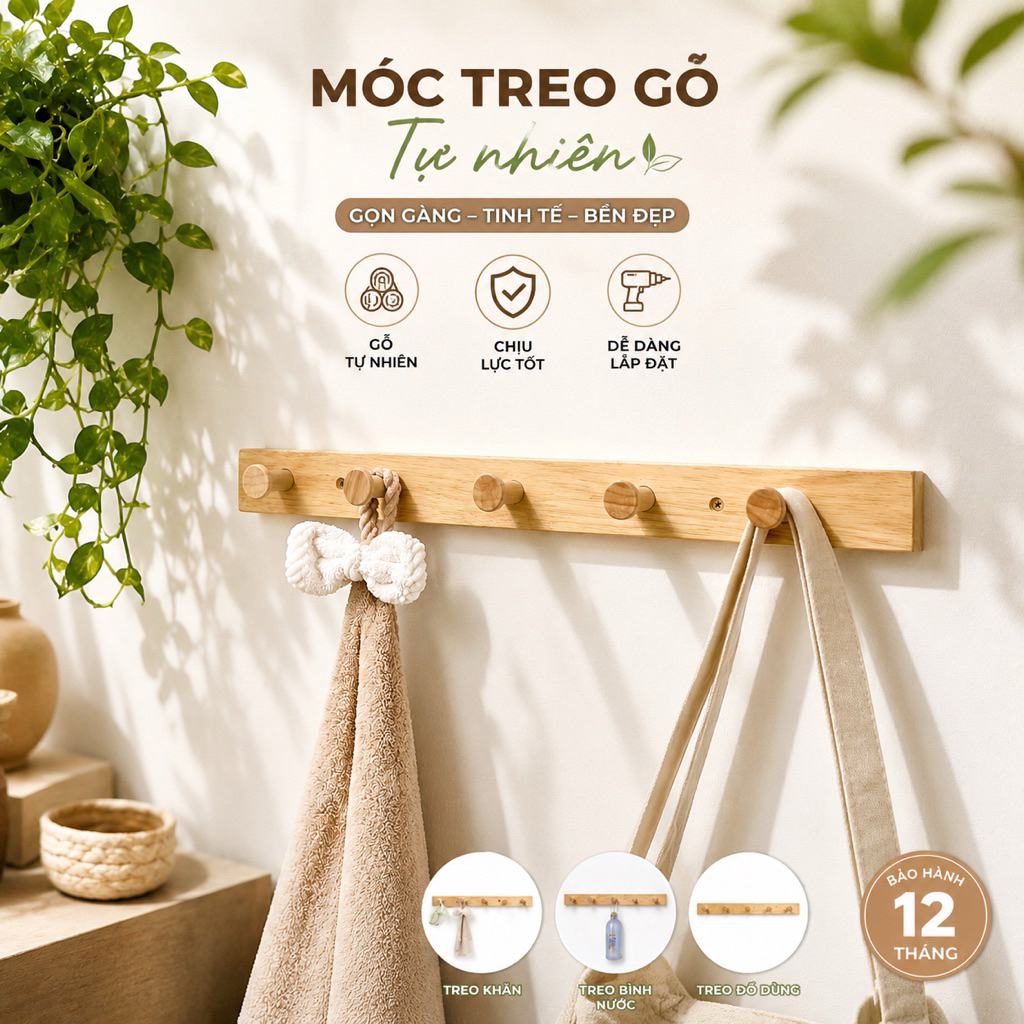 Móc treo đồ, móc treo quần áo gắn tường gỗ tự nhiên cao cấp Uy Decor