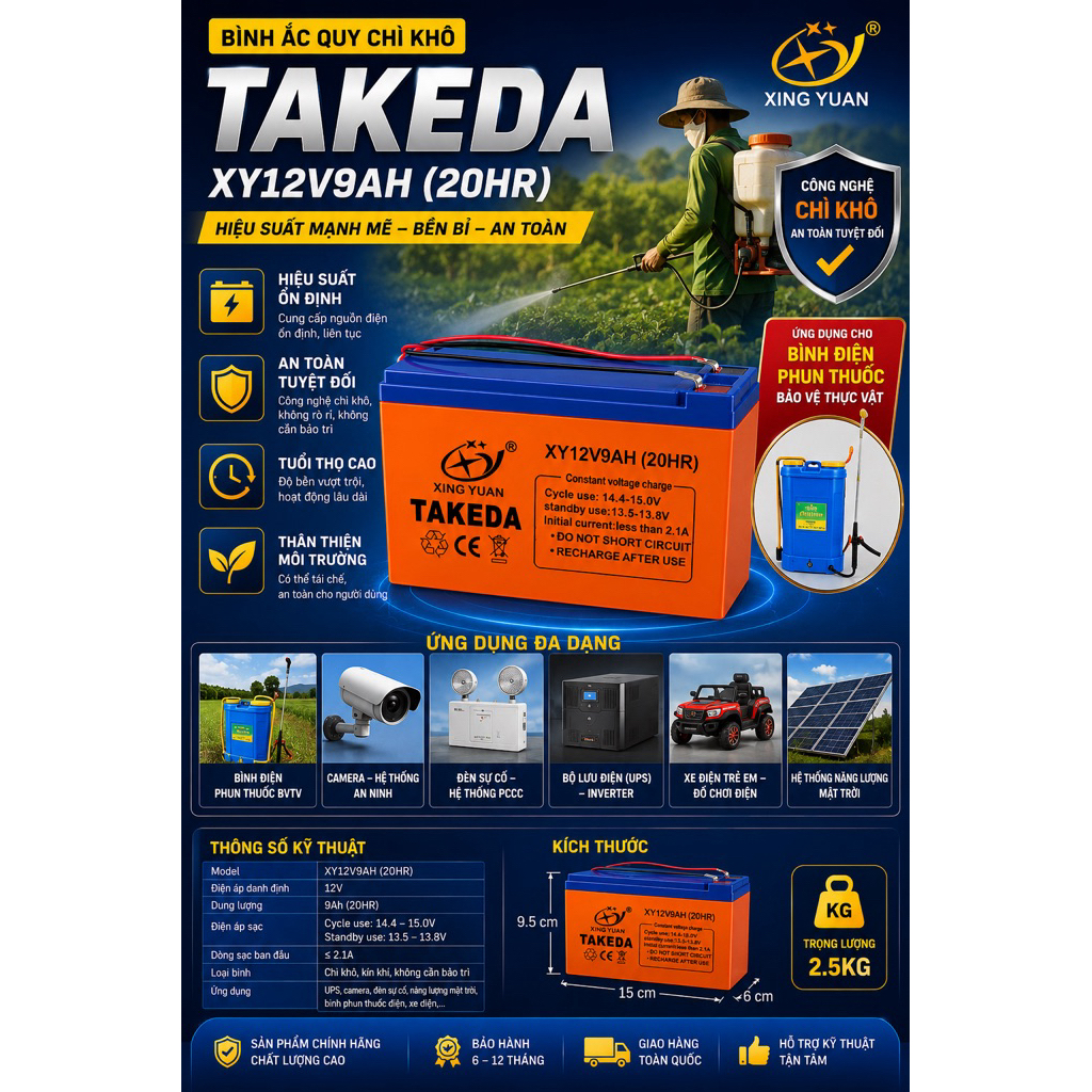 Bình Ắc Quy Chì Khô TAKEDA XY12V9AH 12V 9Ah Kín Khí - Ắc Quy Bình Điện Phun Thuốc, Camera, UPS, Đèn 