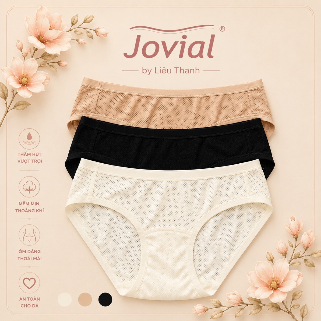 Jovial Quần Lót Nữ Thoáng Khí Mỏng Nhẹ Co Giãn 4 Chiều Khô Nhanh - J030, Màu Kem,Da,Đen