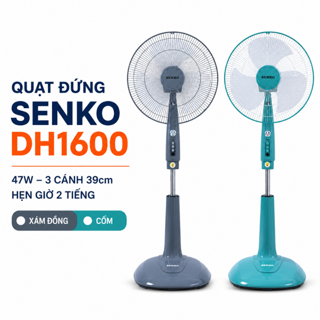 Quạt Đứng Senko DH1600 47W – 3 Cánh 39cm, Hẹn Giờ 2 Tiếng
