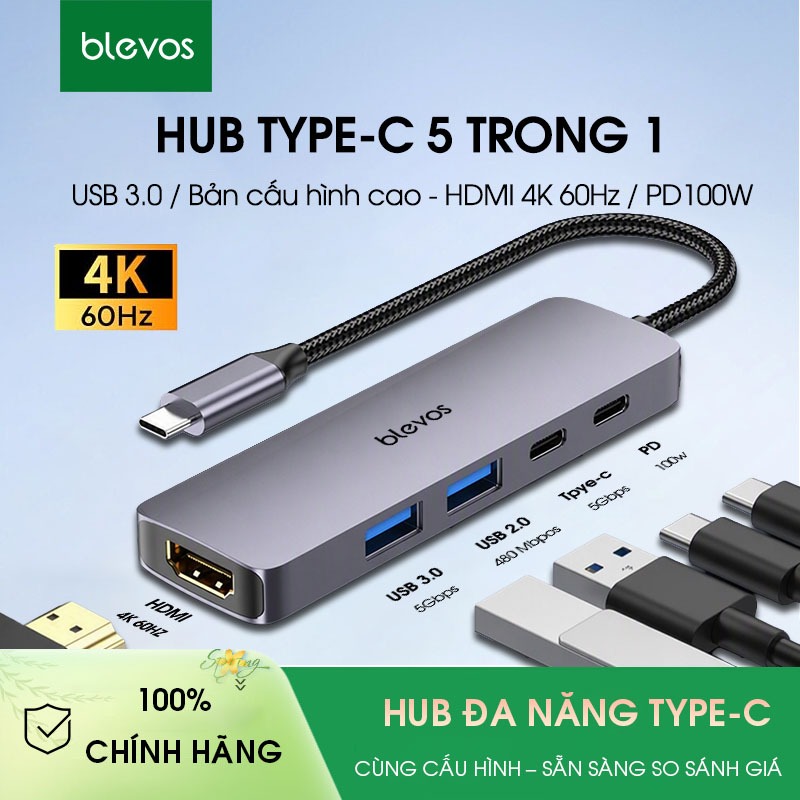 5 IN 1 Hub hia cổng USB 3.0 bộ chuyển đổi Hub chuyển đổi Type C to HDMI 4K 60Hz Hub  cổng chuyển đổi