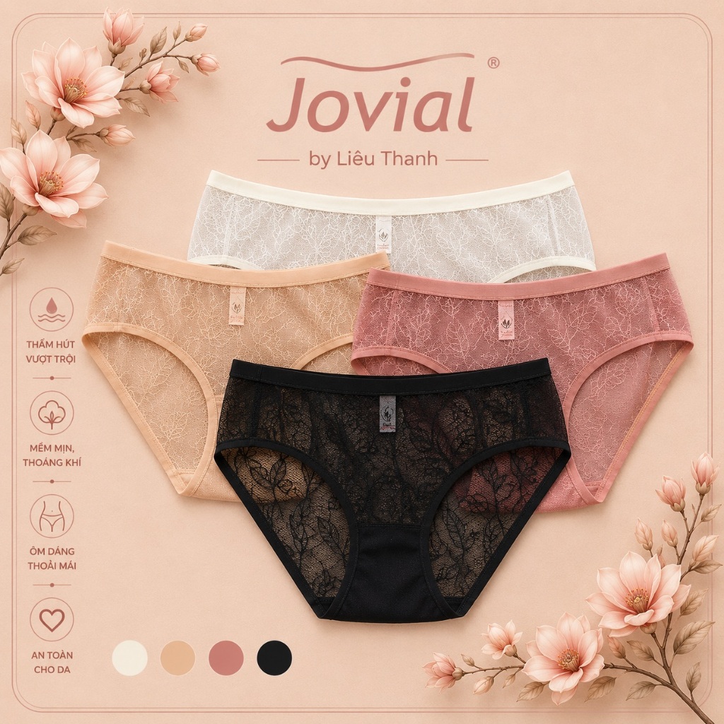 Jovial Quần Lót Nữ Ren Hoa Gợi Cảm Mềm Mại Co Giãn Ôm Dáng - J018, Màu kem, da, hồng ruốc