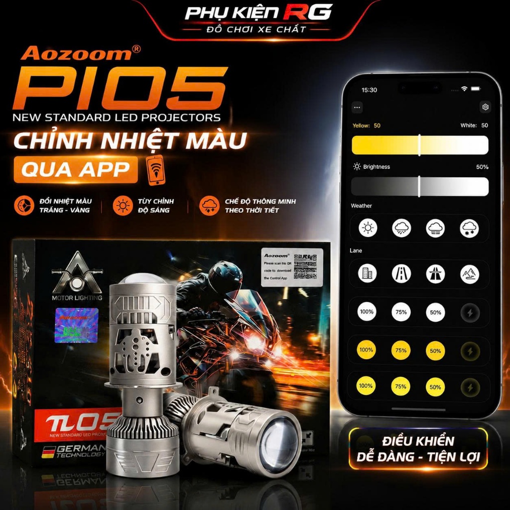 Bi Cầu Mini H4 Aozoom π05 Chỉnh Màu, Aozoom Pi 05 Công Suất 60W, Pha Màn Chập Chân H4 Lắp Zin Chính 