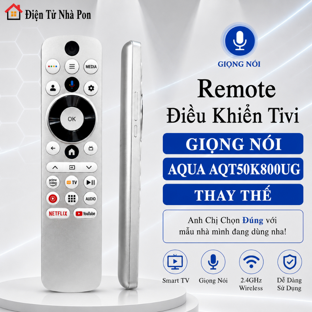 Remote điều khiển tivi AQUA giọng nói, điều khiển TV AQUA AQT50K800UG - Tặng pin
