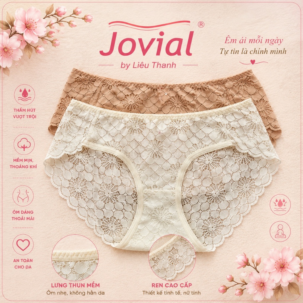 Jovial Quần Lót Nữ Ren Cao Cấp Mềm Mịn Ôm Dáng Quyến Rũ - J033, Màu kem, da, hồng ruốc