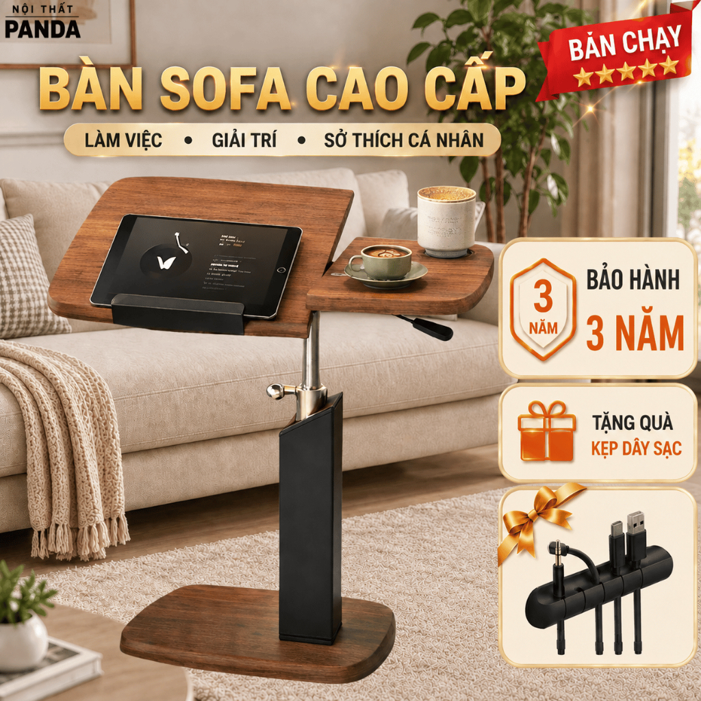 Bàn Làm Việc Di Động Nâng Hạ Xoay 360°, Bàn Sofa Có Bánh Xe, Bàn Laptop Cạnh Giường Gỗ Đa Năng