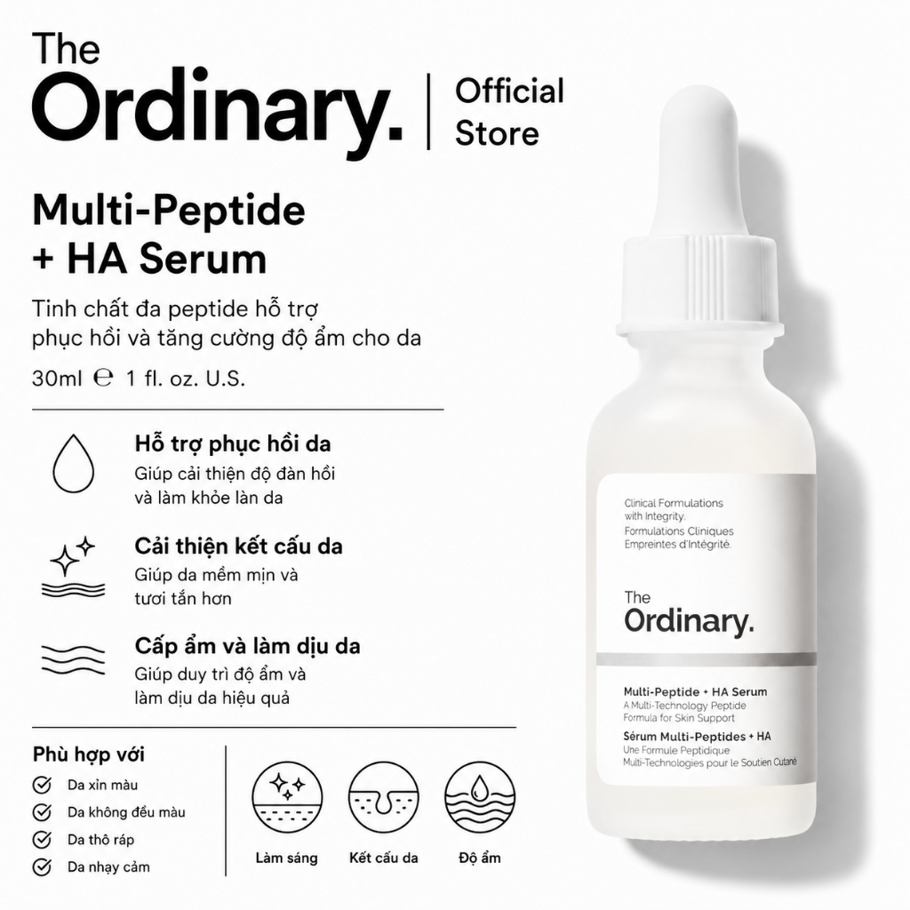 [The Ordinary Official] Multi-Peptide + HA Serum 30ML | Giảm nếp nhăn, cấp ẩm và hỗ trợ da săn chắc 