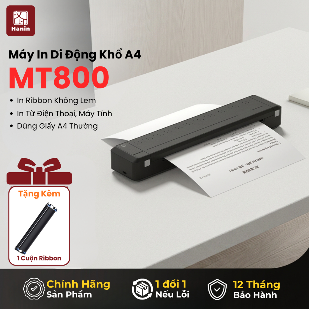 Máy In A4 Di Động Bluetooth MT800 300 DPI Không Lem Mực, In Hợp Đồng, Tài Liệu Doanh Nghiệp