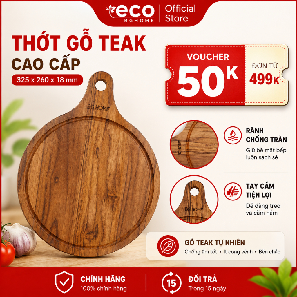 Thớt Gỗ TEAK Tay Cầm Cắt Thái Không Mùn, Chống Ẩm Mốc, An Toàn Thực Phẩm Eco BGHOME