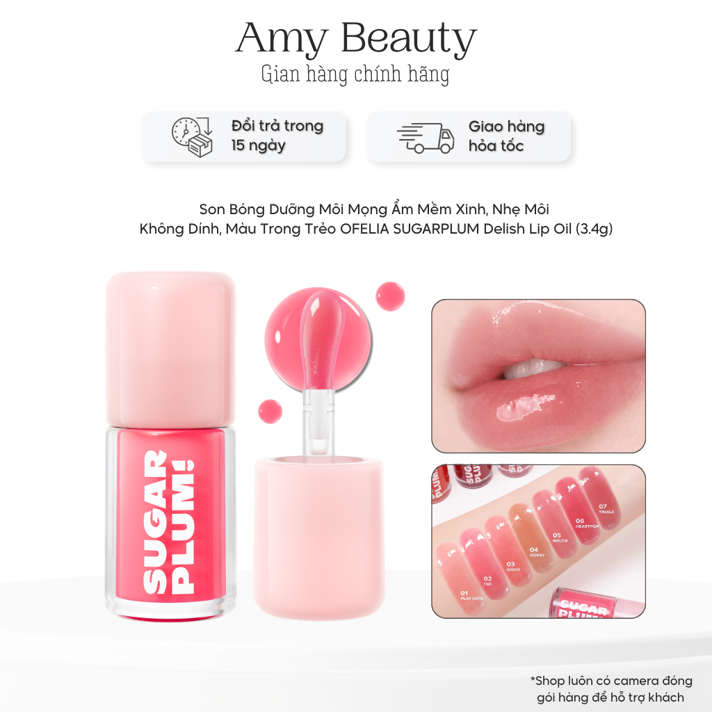 Son Bóng Dưỡng Môi Ofelia Mọng Ẩm Mềm Xinh, Nhẹ Môi Không Dính, Màu Trong Trẻo SUGARPLUM Delish Lip 