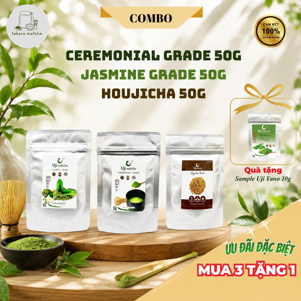 Combo: Matcha Uji Ceremonial Grade 50g, Matcha Jasmine Grade 50g, Houjicha Powder 50g - Quà tặng Sam