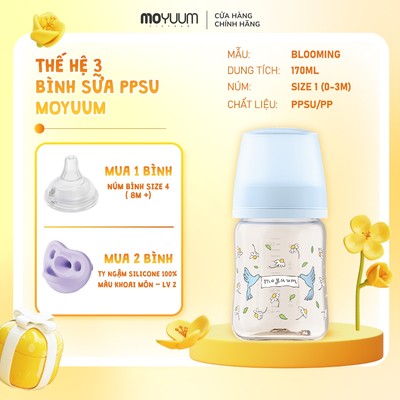 [1/8-31/8 Tặng 1 núm] Bình sữa Moyuum chất liệu PPSU - Mẫu Blooming - Thế hệ 3 - 170ml/270ml